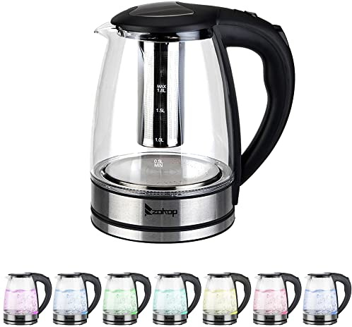 Electric Kettle Glass, Fast Boil Quiet, 2000W 1.8L with LED Light, Stainless Steel Filter, Boil-Dry Protection, Black, BPA Free