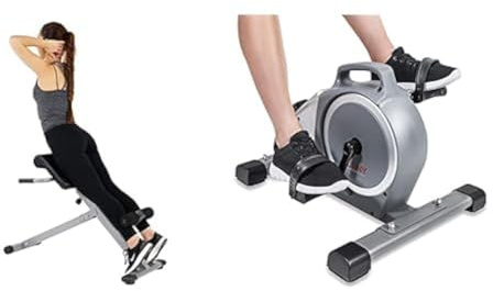 Sunny Health & Fitness Magnetic Under Desk Mini Exercise Cycle Bike, Dual Function Pedal Exerciser + 45 Degree Hyperextension Roman Chair, Steel, Grey, One Size SF-BH6629