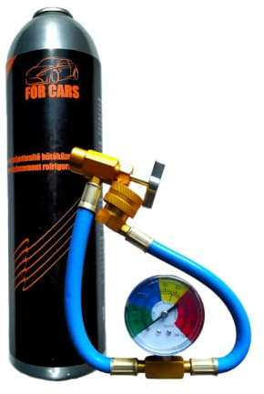 Kältemittel 134a Ersatzgas Nachfüllset für Automobile große 750 ml Einstechdose mit 370 Gramm Gasfüllung und 1/2'' Acme Anschlussgewinde + 40 cm Füllschlauch mit Manometer und Schnellkupplung