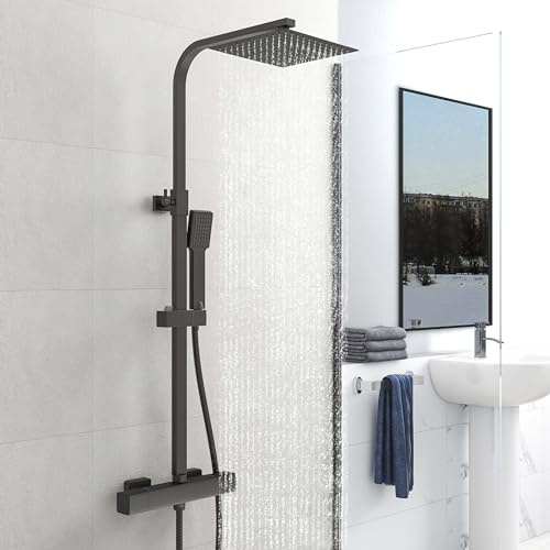 SKY Bathroom Shower Set Thermostatic 38℃ Mixer Shower Thermostatic with 10 inches Overhead Rain Shower and Handheld Shower Square Shower Mixer Shower System Matte Black