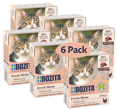 Bozita Tetra Häppchen i sås med kycklinglever – 6x370g spannmåls- och sockerfritt våtfoder för katter utan genteknik – 7,5% protein och 5% fettinnehåll – högkvalitativt och särskilt smakrikt