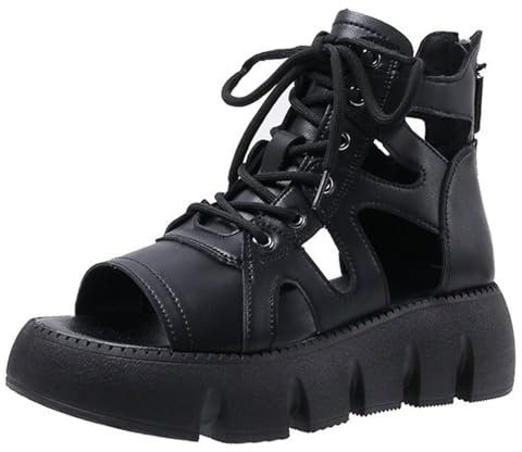 Sandalias góticas Plataforma Alta para Mujer,Sandalias cuña Cremallera Trasera con Cordones y Puntera Abierta Hueca Gladiador Sexy,Zapatos Playa Suaves y cómodos Estilo Romano,Negro,38 EU
