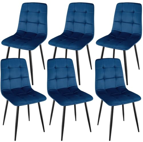 ANVOFONG 6er Set Esszimmerstühle Samtstoff Ergonomisches Gepolsterte | Modernes Design Schwarze Metallbeine Schachbrettmuster für Esszimmer Wohnzimmer Küche Schlafzimmer Dunkelblau