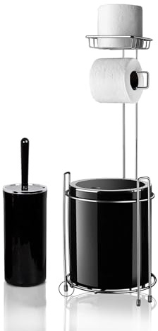 Edelstahl Badezimmer Zubehör Set mit Klopapierhalter Rund Luxus Modern Bad Set Stehend Qtip Halter Toilettenbürste Set Mülleimer (schwarz, rund)
