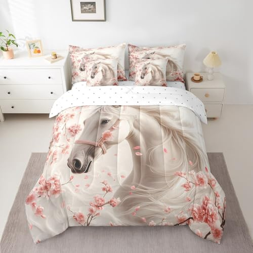 Feelyou Kids Horse Bed in A Bag Full Size, Western Wild Animal Comforter Set with Sheets Cherry Blossoms 7 Pieces Bedding Set Boys Girls Galloping Horse Teens Bed Set Bedroom Decor 7Pcs