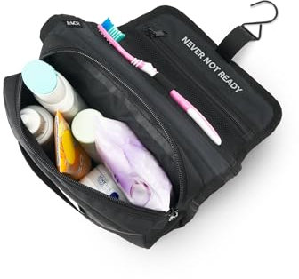 AEVOR Waschbeutel wasserabweisend, Kulturbeutel, Waschtasche, mit Aufhänger Haken, Kompakt, Reise, Urlaub, Festival, Backpacking, Fächer für Utensilien, Toilettenartikel, Schwarz