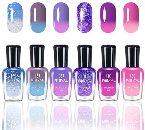6er Set Farbwechsel Nagellack – Temperaturgesteuerter Nagellack mit Farbtemperaturregelung, langanhaltend und schnelltrocknend, Color Change Nail polish für Nageldesigns, ohne UV-Lampe (Farbig C)