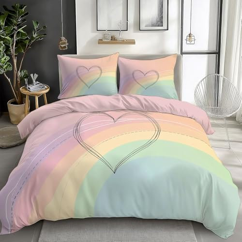 Generico Bedding Set Copripiumino Reversibile 220x230cm 3D Stampa Clipart Sfondo Arcobaleno Forma Di Cuore Morbida Microfibra Ipoallergenico Biancheria da Letto Set 3 Pezzi con Chiusura a Cerniera