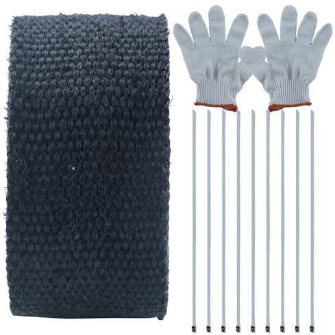Bande de protection thermique pour pot d'échappement de moto - 5 m - Avec 10 serre-câbles en acier inoxydable et 1 paire de gants - Pour conduites de gaz, tuyaux d'échappement, chauffe-eau (noir)