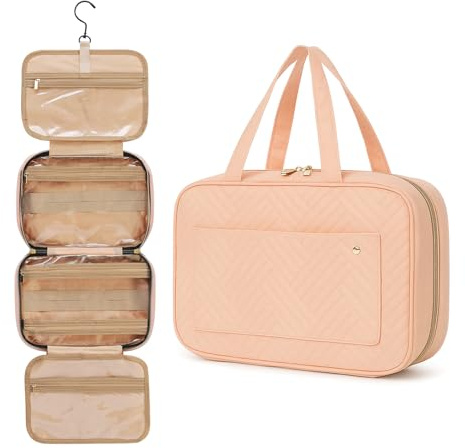 CNMTCCO Hanging Toiletry Bag for Women, Large Capacity Travel Wash Bag with Multiple Compartments, Makeup & Skincare Organizer for Full Size Toiletries, Portable Cosmetic Bag (Pink, Medium)