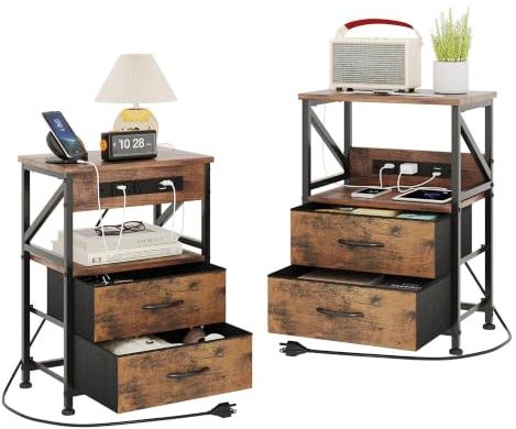 MUTUN Nachttisch 2er Set, Nachttische mit Steckdose, Beistelltisch mit Schublade & Ladefunktion, Nachttische mit 3 AC-Anschlüsse & 2 USB-Anschlüssen, Vintage Braun
