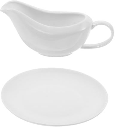 VICASKY Ceramic Steak Gravy Boat and Sauce Pitcher Set White Porcelain Serving Jug with Tray for Restaurant Dining Table Condiment Holder