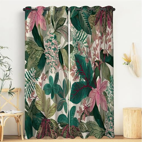 GSAEIMCT 2 Stücke Gardinen Mit Ösen 160x140 cm- 3D Druck Rosa Grün Blumen Grüne Blätter Verdunkelungsvorhang Blickdichte Vorhänge Fensterdekoration Vorhang Für Schlafzimmer Wohnzimmer,Üppige Pflanzen