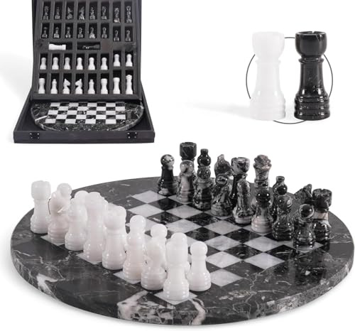 Juego de ajedrez de mármol para adultos con caja de almacenamiento complementaria, juego de mesa hecho a mano en blanco y negro de 30 cm, juegos de mesa clásicos para adultos, juego de ajedrez de lujo