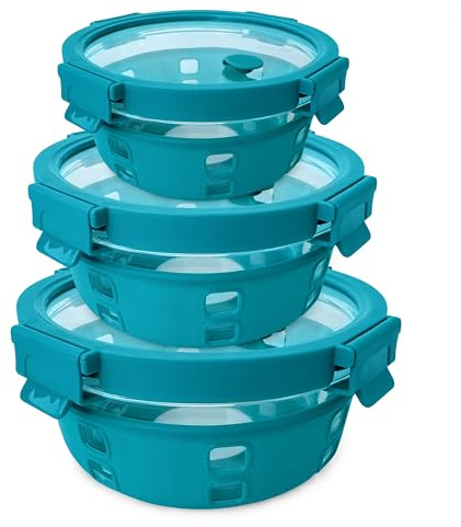 Frischhaltedosen mit Deckel aus Glas – 3er Set / 6-teilig – Borosilikat Vorratsdosen luftdicht BPA-frei – für Meal Prep, Mikrowelle, Backofen, Gefrierfach & Spülmaschine-Rund-Ray Wood