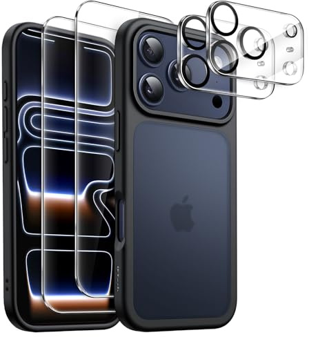 JETech 5 in 1 Matte Case for iPhone 17 Pro, Black | 2 Tempered Glass Screen Protectors, 2 Camera Lens Protectors, Translucent Back Protective Phone Cover