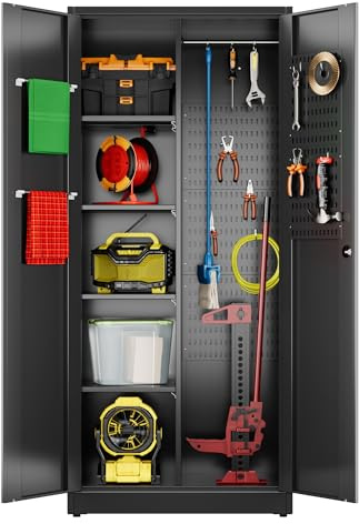 SUXXAN Broom Closet Storage Cabinet 71.4x 33.9x16.9, Metal Cleaning Cabinets with Hooks and Hanging Rods, Lockable Cabinet with Pegboard, Adjustable Shelf,for Garage, Laundry Room