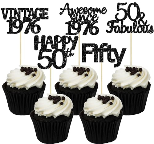 Gyufise 30Pcs Happy 50th Birthday Cupcake Toppers Glitter Fifty Vintage 1976 Cupcake Picks Cheers to 50 Fabulous Cake Decorations for 50th Birthday Wedding Anniversary Party Supplies Black