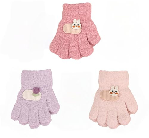 Embhlitfe 3 Pairs Kids Gloves,Kids Knitted Gloves Winter Warm Gloves for Girls Boys Stretchy Soft Full Finger Glovess,Children Knit Glove Plush Solid Color Glove Suitable for Age 1-3 Years Old (Pink)