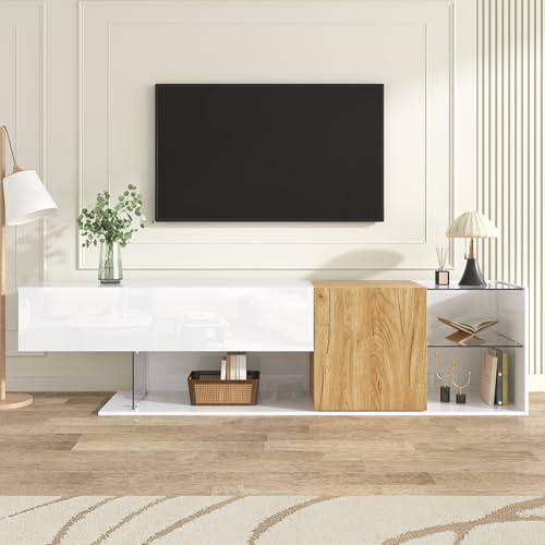 HAINEW TV-skåp, lågt bord med 2 dörrar och glashyllor, TV-bordsstativ, TV-bord med högglans front för vardagsrum sovrum, 180 × 38 × 48 cm, vit + natur