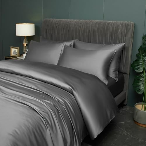 DXHOME Kühlende Bambus Bettwäsche 155x220cm Grau Dunkelgrau Uni 100% Natürlichem Bambus Sommerbettwäsche Atmungsaktiv Doppelbett Bettbezug mit Reißverschluss und 2 Kissenbezüge 80x80cm