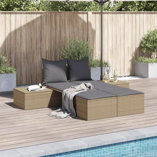 Frdhee Saunaliege Strandkorb,Doppel-Sonnenliege mit Auflagen Beige Poly Rattan,Gartenliege für Balkon,Garten & Strand