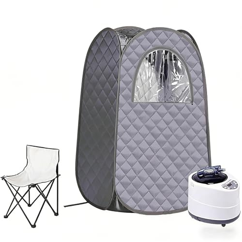 Portable Steam Sauna Box Personal Home Pop up Sauna Tent with 3l 1500w Steamer 9-Level Steam and 95 Min Timer Fast Heating Foldable Chair Included for Relaxation (Gray, Deluxe Edition)