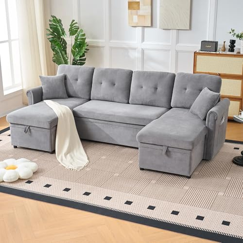 DRIXNO Ecksofa mit Schlaffunktion, 4-Sitzer Sofa mit Polsterhocker, Bettsofa mit Stauraum, Modernes L-Form Schlafsofa, Chaise Lounge, Eckcouch Loungesofa für Wohnzimmer, Schlafzimmer, Grau