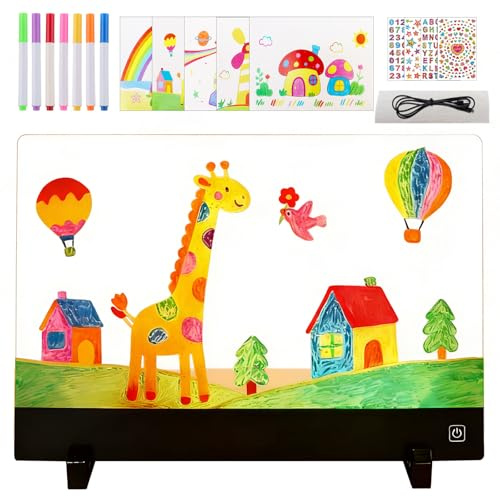 TXErfolg Lavagna da disegno a LED per bambini con 4 effetti di luce, 35 x 26 cm, lavagna acrilica luminosa, lavagna magica a LED con penna a 7 colori, lavagna ricaricabile per messaggi, per ufficio