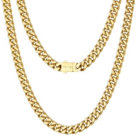VEXXS Men's Gold Chain 5/7mm, 18K Real Gold Plated Stainless Steel Cuban Link Chain, Men’s Necklace Chain Flat Cut Curb Chain Men’s Jewelry Gift14
