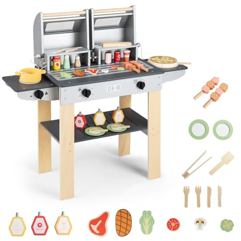 COSTWAY Barbecue barngrill, grillleksaker med grillredskap och leklivsmedel, lerkök med 2 grillar och klapplock, utomhus köksset för barn från 3 år