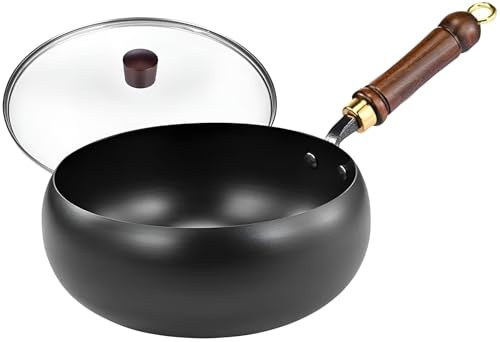 Wok Giapponesi Rotondi Non Rivestiti, Pentola/Padella/Wok In Ferro Antiaderente per Piani Cottura A Induzione e A Gas(Glass lid,24cm)