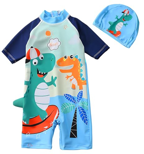 dellyy Bañadores de Una Pieza Niño UV 50+ con Gorra, Traje de Baño Niño de Manga Corta con Cremallera y Botones a Presión, Bañador Bebé Protección Solar para Playa y Piscina