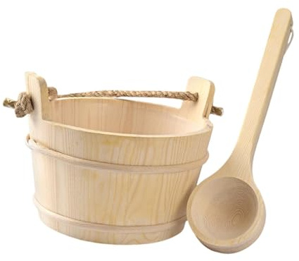 TUXCAXI Secchio da bagno in legno con mestolo e cucchiaio, accessori premium per spa, capacità 4 litri, secchio per sauna per casa, esterni e, set da 4 litri per sauna e