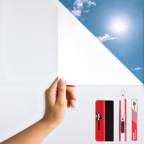 MARAPON Milchglasfolie Weiß 0,445x2 m Set inkl. Rakel Cutter 10 Klingen Selbstklebende Sichtschutzfolie Fenster Milchglasfolie Blickdicht von aussen für Bad Küche Büro Privatsphäre Bad Sichtschutz