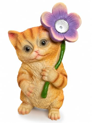 IMPULS Solar Katze Gartenfigur mit LED Blumenlicht – Solarlampe Außen Katzenfigur Garten Outdoor Wetterfest | Resin Katzendeko Solar Terrasse Balkon Hof | Gartendeko Solar Geschenk Frauen Mama