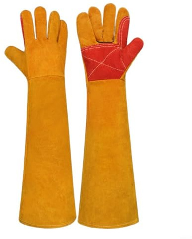 Guantes de soldador de manga larga, de piel, resistentes al calor, para barbacoa, para trabajar en estufas de leña, hornos