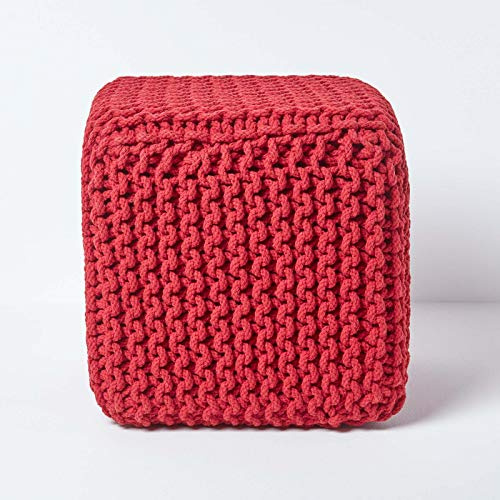 Homescapes Pouf lavorato a maglia, a cubo rosso, 35 x 35 x 35 cm, con rivestimento in 100% cotone, imbottitura in 100% polistirolo