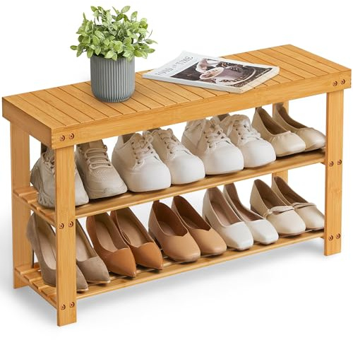 SONGMICS Banco Zapatero, Organizador de Zapatos de Bambú de 3 Niveles, Banco de Pasillo, Soporta hasta 130 kg, 28,7 x 90 x 45,3 cm, para Entrada, Baño, Dormitorio, Natural LBS90N