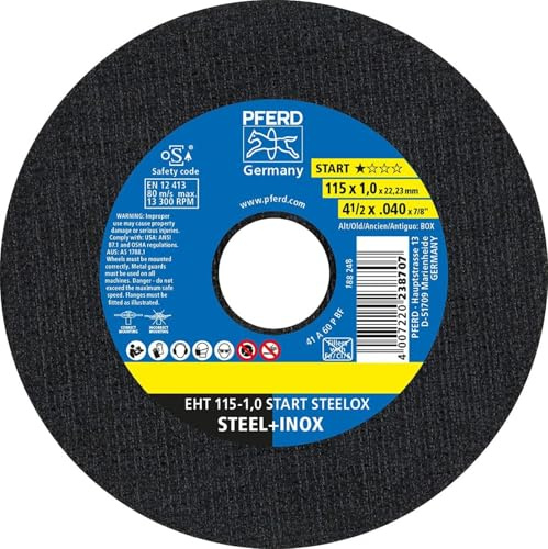 PFERD Discos de corte, 25 unidades, EHT 115 x 1,0 x 22,23 mm, línea recta Start STEELOX | 69120943 – para acero, acero inoxidable (INOX)