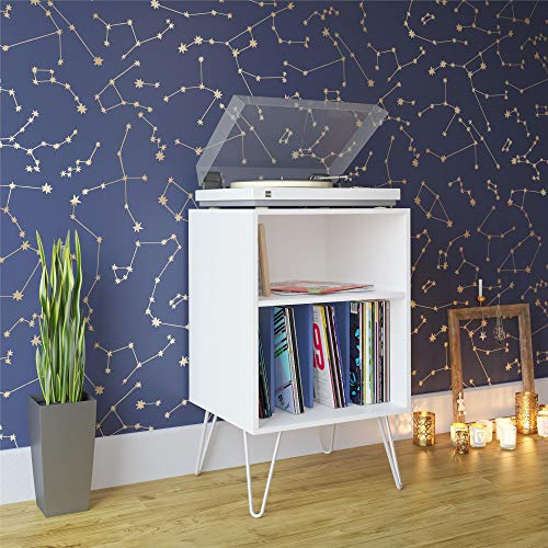 Ameriwood HarmonyTurntable Stand – Mid Century Modern Record Player Table with Vinyl Storage – Retro Metal Hairpin Legs, Open Media Shelves & 4 Cubbies, White/Blue Wood Look (87 x 53 x 46 cm)