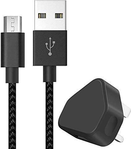 3 Pin UK USB Mains Wall Charger & [1Pack 3M] MicroUSB Cable Extra Long Durable Braided Charging Micro USB Data Sync Cord compatible with Xiaomi Redmi 6A 2018 - BLACK