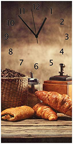 Wallario Design-Wanduhr Französisches Frühstück mit Café und Croissants aus Glas, Motiv-Uhr Größe 30 x 60 cm, Schwarze Zeiger
