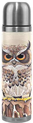 Hibou Rigolo Gris Bouteille d'eau Isotherme Mug d'emballage en Cuir pour Emballage en Acier Inoxydable Isolé(500 ML)