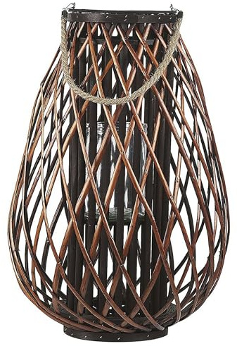 Beliani Rustikale Weidenholz Laterne mit Glaseinsatz für Indoor und Outdoor - Handgefertigt, Dekorativ, Funktionell, 60 cm Kiusiu