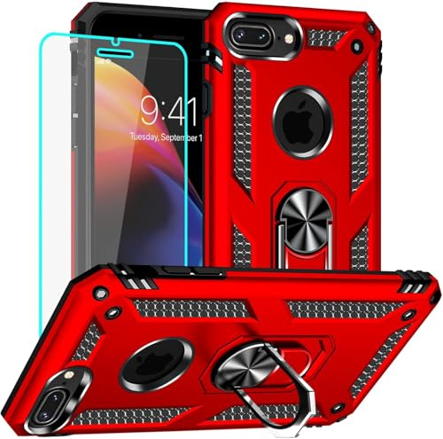 Yiakeng for iPhone 8 Plus Case with Screen Protector, Military Grade Protective Phone Cover with Ring Holder Kickstand for iPhone 7 Plus / 8 Plus (Red)