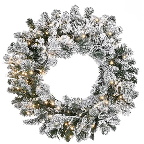 Ghirlanda Natalizia Innevata con 15 LUCI LED Bianca per Porta con Fiocchi di Neve dietroporta da Ø 40 cm 70 Punte Decorazioni Natalizie addobbi Corona Verde Tonda Fuori Porta