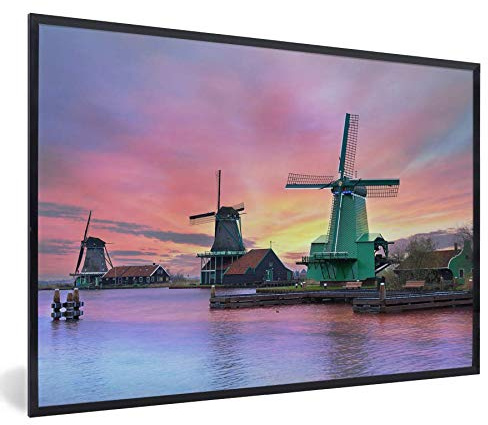 MuchoWow Poster Bilder Wanddeko Deko Wohnzimmer 120x80 cm Windmühlen mit lila Himmel in den Niederlanden