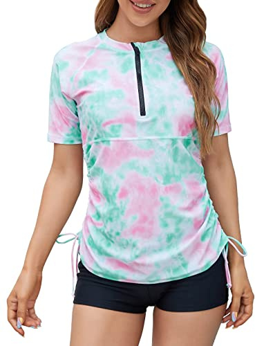 Halcurt Women's Half Zip Short Sleeve Rash Guard Swim Shirt with Tie Drawstring UPF50+ Swimsuit Top Abstract Pink Turquoise 2XL