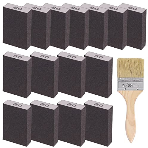 Glarks 16Pcs 80 Grit Sanding Sponge Kit 15Pcs 10x7x2.5CM Washable and Reusable Sanding Blocks and 1Pc Paint Brush Ideal for Wood Working, Drywall Metal Polishing